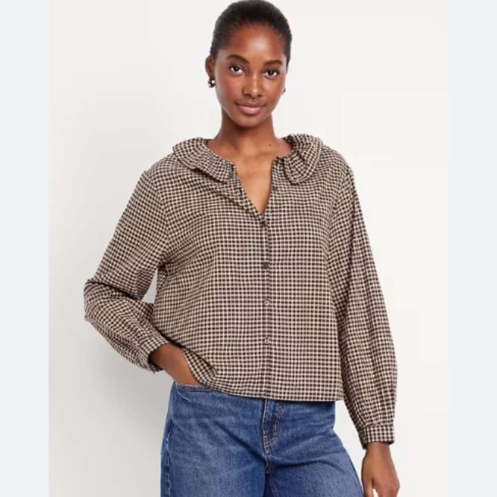 Old Navy Ruffle Neck Brown Check Blouse